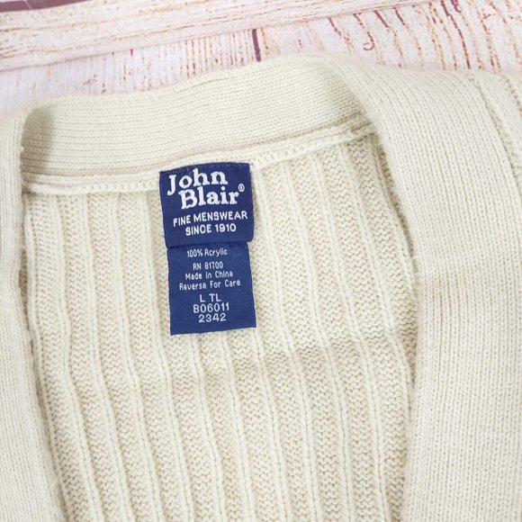 John Blair Men Cable Knit Sleeveless Sweater Vest Button Front 2 Pockets Cream L - Picture 4 of 12